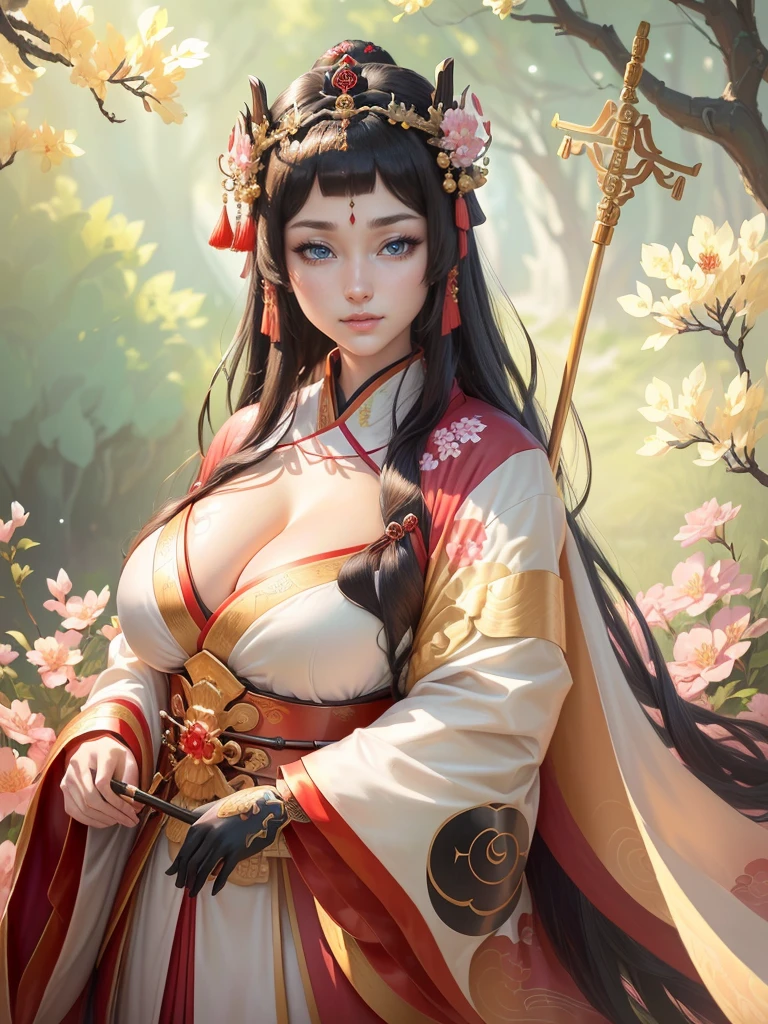 a woman in a kimono outfit playing a cello, a beautiful fantasy empress, japanese goddess, ancient chinese goddess, ancient chinese princess, inspired by Lan Ying, ((a beautiful fantasy empress)), beautiful character painting, inspired by Du Qiong, inspired by Qiu Ying, inspired by Ju Lian, onmyoji portrait, she is holding a long staff, , Highly detailed CG unit 8k wallpaper, masterpiece, High resolution, highest quality, highest quality real texture skin, Super Real, Digital Painting, Best image quality, 最High resolution, 8k, (((Highly detailed eyes and face, Beautiful eyes every detail))), disproportionate breasts, huge breasts, sagging breasts, gigantic breasts, clevage, black hair, smile, 