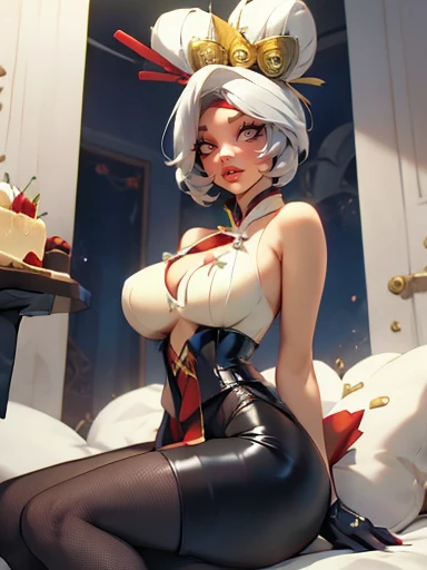 sexy  woman, black bunny outfit, black bunny ears, White collar, red bow tie, Black leather corset, (dent in the skin:1.4), showing cleavage, red leather gloves, fishnet stockings, crawling out of the birthday cake, dynamic pose, whole body, runny makeup, after sex, slave, ahegao, vum on breasts, cum om face, licking cum, bukkake, white skin, latex dress, shiny latex dress, adorable clothes, (((white hair))), looking hair