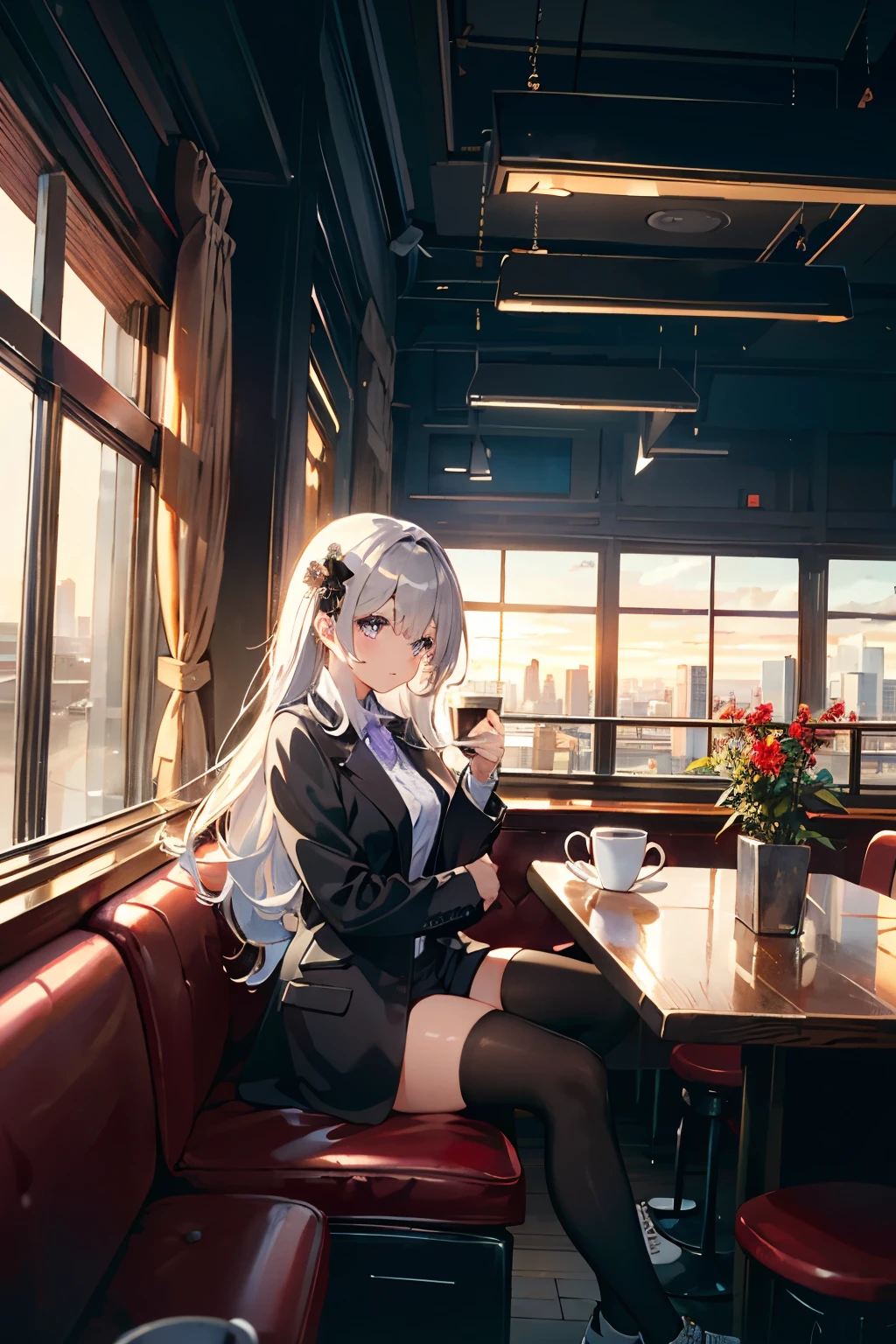 1girl, solo focus, tall female, grey hair, very long hair, purple eyes, large breasts, wide hips, sharp face, jewel-like eyes, serious, tired, wearing long grey coat, black blazer, black legwear, stylish sneakers, accessories, smartwatch, flower hair ornament, cute smile, sitting, cafe, coffee shop ambience, coffee shop aesthetic, snow on window, dawn, window view, massive cityscape, beautiful view, dim-lit ambience, holding coffee, {correct posing}, {detailed clothing}, {detailed body}, {correct body anatomy}, {extremely beautiful and delicate anime face and eyes}, {minute details}, {intricate details}, {delicate}, (masterpiece), (best quality), (wallpaper), (8k hd),