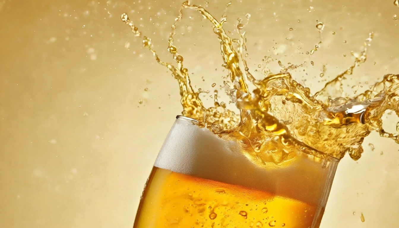 a picture of a craft beer, beer splashing in the elegant cream color background like in a commercial, everything in focus
