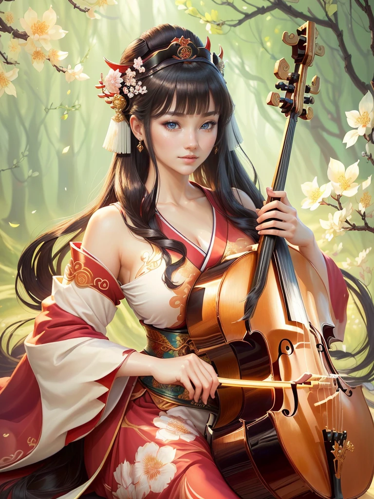 a woman in a kimono outfit playing a cello, a beautiful fantasy empress, japanese goddess, ancient chinese goddess, ancient chinese princess, inspired by Lan Ying, ((a beautiful fantasy empress)), beautiful character painting, inspired by Du Qiong, inspired by Qiu Ying, inspired by Ju Lian, onmyoji portrait, she is holding a long staff, , Highly detailed CG unit 8k wallpaper, masterpiece, High resolution, highest quality, highest quality real texture skin, Super Real, Digital Painting, Best image quality, 最High resolution, 8k, (((Highly detailed eyes and face, Beautiful eyes every detail))), disproportionate breasts, huge breasts, sagging breasts, gigantic breasts, clevage, black hair, smile,