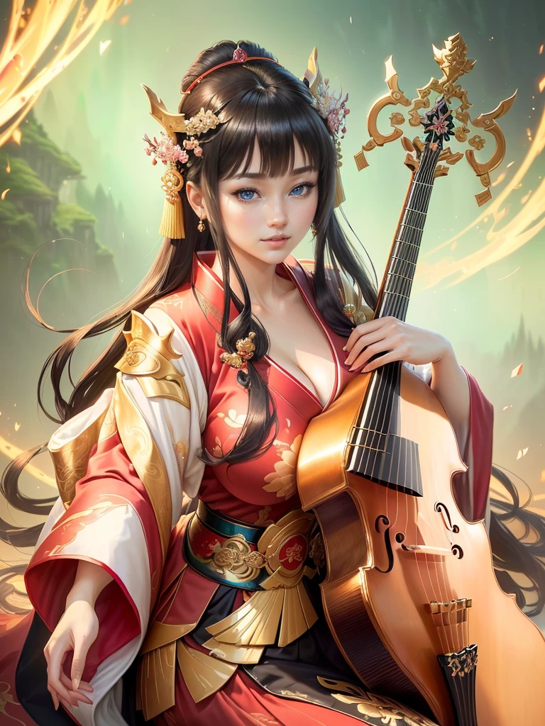 a woman in a kimono outfit playing a cello, a beautiful fantasy empress, japanese goddess, ancient chinese goddess, ancient chinese princess, inspired by Lan Ying, ((a beautiful fantasy empress)), beautiful character painting, inspired by Du Qiong, inspired by Qiu Ying, inspired by Ju Lian, onmyoji portrait, she is holding a long staff, , Highly detailed CG unit 8k wallpaper, masterpiece, High resolution, highest quality, highest quality real texture skin, Super Real, Digital Painting, Best image quality, 最High resolution, 8k, (((Highly detailed eyes and face, Beautiful eyes every detail))), disproportionate breasts, huge breasts, sagging breasts, gigantic breasts, clevage, black hair, smile,