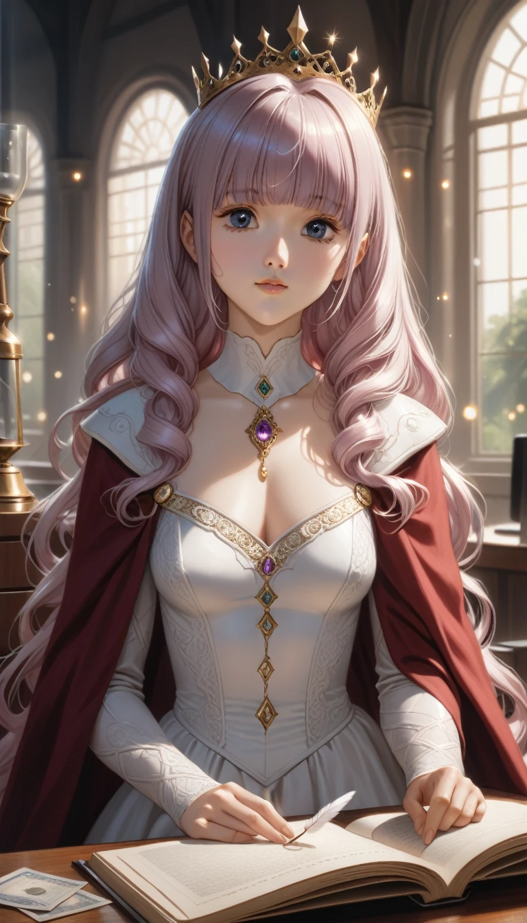 (very aesthetic, best quality, ultra detailed), intricate details,((strong vertical roll))
1girl, purple hair, blunt bangs, purple eyes, white coat, long hair, smile,((blunt bangs))(Masterpiece: 1.2, Best quality), Realistic, (Realistic picture, Complex details, Depth of field), Best quality, Masterpiece, Highly detailed, Half realistic, 1 girl, Mature female, 21 years old,princess crown, white princess dress,with short golden hair, The left eye is covered with hair, Blue eyes, The king's clothes, Red cloak, Slim figure, A crown made of precious gold, Read and mark up documents, quill, office desk, Soft bench,02,Detailed face,Ultra-detailed eyes, 3mpr3ss, corset, (Night dress), Beautiful adult woman, 20-year-old,,bangs, front, Peach-colored hairs, 最high quality, high quality, High detail, Are standing, Wide shoulder pads, Money trimmed cloak,gem, Money (whole body), Hourglass Shape, (collar), (tall big tiara), Peplum, Penniers, interior, large hall, Bokeh, (Rim Light) Dark bu5tl3, White long dress, . Magic, Fantastic, Fascinating, Picture book style, Very detailed,((The hairstyle is Vertical roll )) Pink Hair ,bangsblunt bangs,((Vertical roll)),{masterpiece},{best quality},{1 Girl}, Lovely, Astonishing, Beautiful and delicate eyes, black eyes, Long hair, Pink Hair,curls,Fine details,Depth of Field,Extremely detailed CG,The original, Extremely detailed wallpaper,Upper Body, Looking at the audience