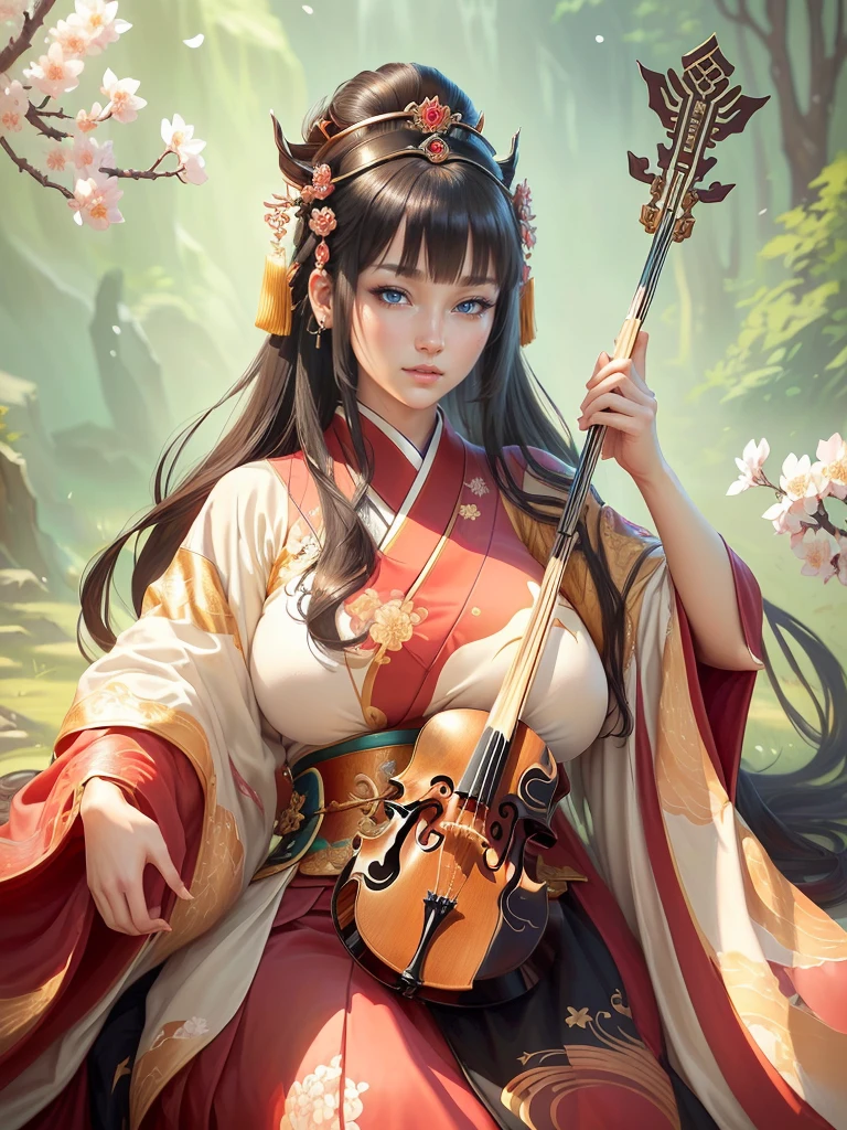 a woman in a kimono outfit playing a cello, a beautiful fantasy empress, japanese goddess, ancient chinese goddess, ancient chinese princess, inspired by Lan Ying, ((a beautiful fantasy empress)), beautiful character painting, inspired by Du Qiong, inspired by Qiu Ying, inspired by Ju Lian, onmyoji portrait, she is holding a long staff, , Highly detailed CG unit 8k wallpaper, masterpiece, High resolution, highest quality, highest quality real texture skin, Super Real, Digital Painting, Best image quality, 最High resolution, 8k, (((Highly detailed eyes and face, Beautiful eyes every detail))), disproportionate breasts, huge breasts, sagging breasts, gigantic breasts, clevage, black hair, smile, 