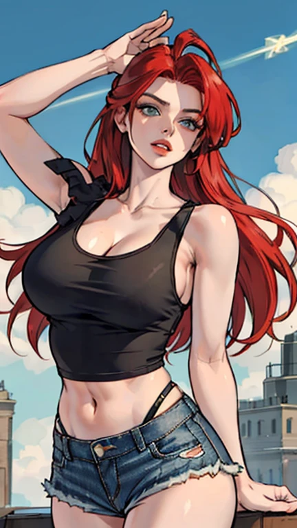 ((Red hair)), green eyes, long hair up to half, huge bust, ((full lips)), ((masterpiece)), ((detailed)), ((tank top)), ((denim shorts)), ((Best Quality)), ((gig stage)), huge breasts, ((bright)), (pretty eyes), looking away, playing a flying-V model electric guitar