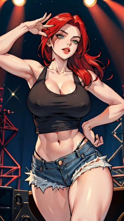 ((Red hair)), green eyes, long hair up to half, huge bust, ((full lips)), ((masterpiece)), ((detailed)), ((tank top)), ((denim shorts)), ((Best Quality)), ((gig stage)), huge breasts, ((bright)), (pretty eyes), looking away, playing a flying-V model electric guitar