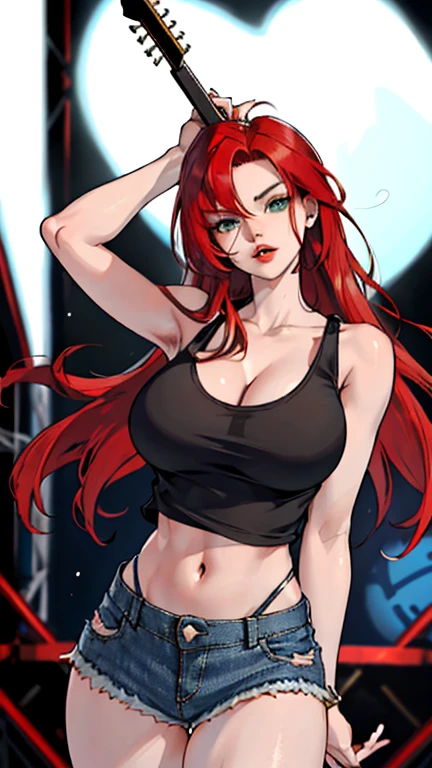 ((Red hair)), green eyes, long hair up to half, huge bust, ((full lips)), ((masterpiece)), ((detailed)), ((tank top)), ((denim shorts)), ((Best Quality)), ((gig stage)), huge breasts, ((bright)), (pretty eyes), looking away, playing a flying-V model electric guitar