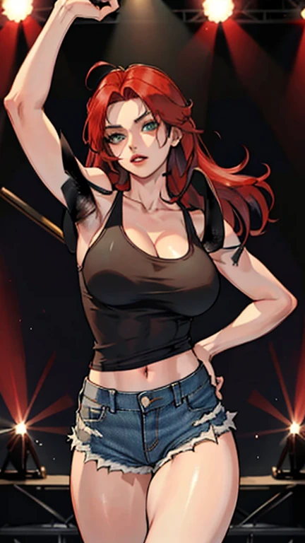 ((Red hair)), green eyes, long hair up to half, huge bust, ((full lips)), ((masterpiece)), ((detailed)), ((tank top)), ((denim shorts)), ((Best Quality)), ((gig stage)), huge breasts, ((bright)), (pretty eyes), looking away, playing a flying-V model electric guitar