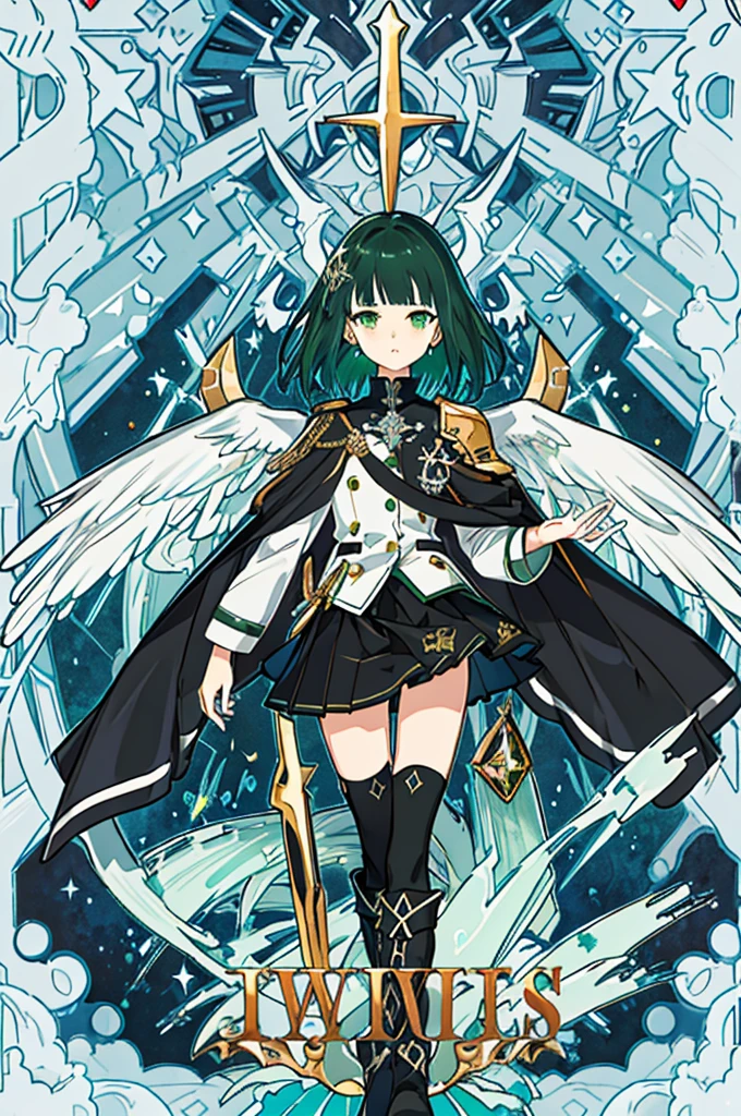 [(with a cathedral background:1.4)::5],original,(shape:1.1),(highest quality),(Tabletop:1.1),(Highly detailed CG Unity 8k wallpaper:1.1), (colorful:0.9),(Mid Shot:0.95),(very detailed beautiful whole body),Dynamic Angle,(alone:1.2), (girl),(((Adult))), (Beautiful eyes in every detail:1.15), (Beautiful Face:1.15), (Glowing green eyes:1.25////),(Gemstone Eyes),(Green Short Hair),(Blunt bangs),((The girl wear a black knight uniform)),Realistic,, girl,Green Hair,((Black long boots)), Black mini skirt,Black knee socks(rage),(Contempt and contempt),rage,(beautiful slender girl),((Adult)),((upper body)),Valkyrie, Decorations,((Thin legs)),((slender girl)),Front Angle,Front Angle,((upper body)),