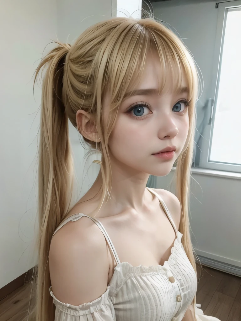 masterpiece.8k.Realstic.bestquality. anatomically correct,  high image quality model,  High detail ,  very detailed,  Textured Skin, Blonde, bangs,  twin tails,  eye catching ,  Background Blur, Ukrainian girl 、 clear contours 、 Smooth skin 、 white camisole 、****aroldgirl.beautifulgirl.