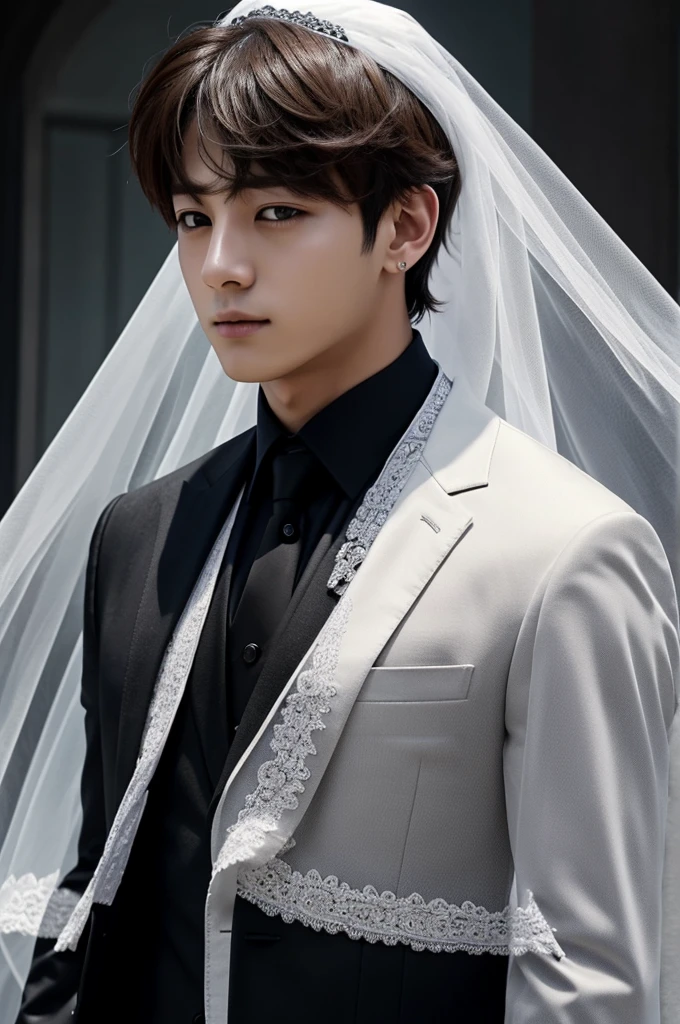 Create an image of a boy with Jungkook features wearing a black suit and a white veil on his head