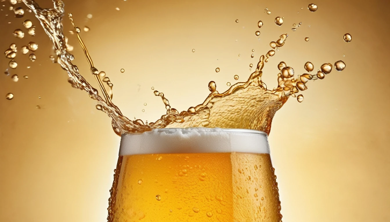 a picture of a craft beer, beer splashing in the elegant cream color background like in a commercial, everything in focus