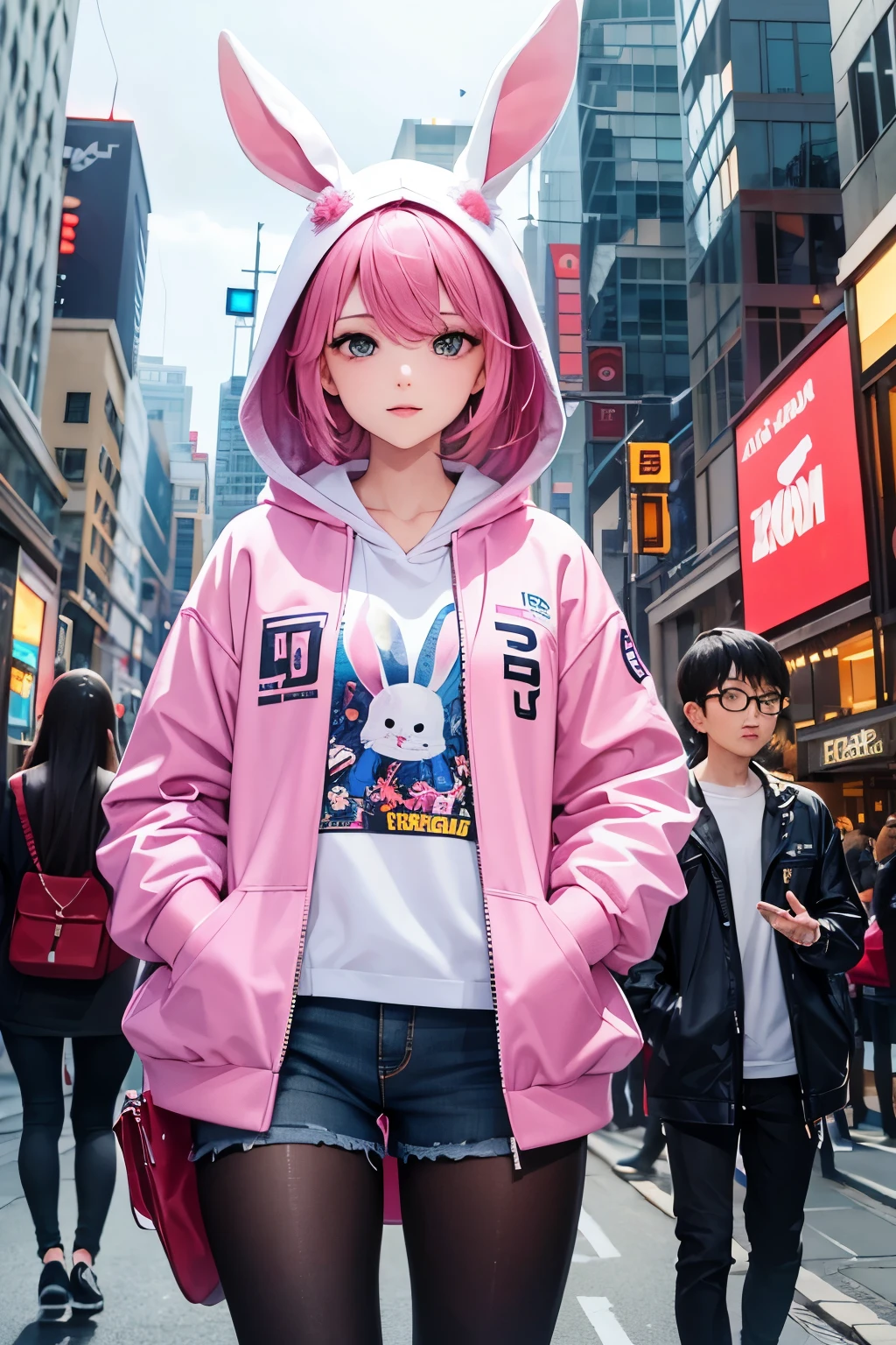 
**Create an illustration featuring three individuals standing together. The central figure is wearing a bunny hoodie, flanked by two others in casual attire. Add a bustling city street backdrop with buildings, streets, and an urban atmosphere to complement the group. --s 50 --style raw** - (relaxed)