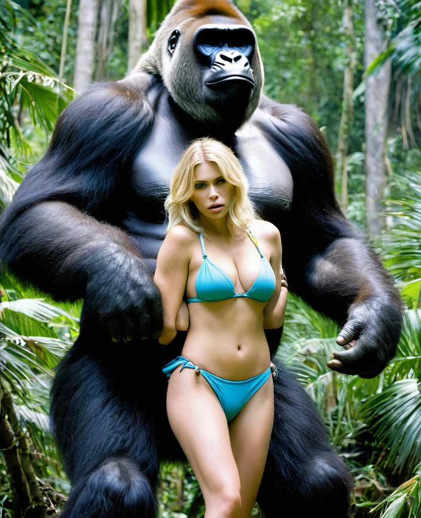  A Limp fainted sleepy blonde leopard bikini cavewoman being carried by giant gorilla in his arms cradling her nsfw