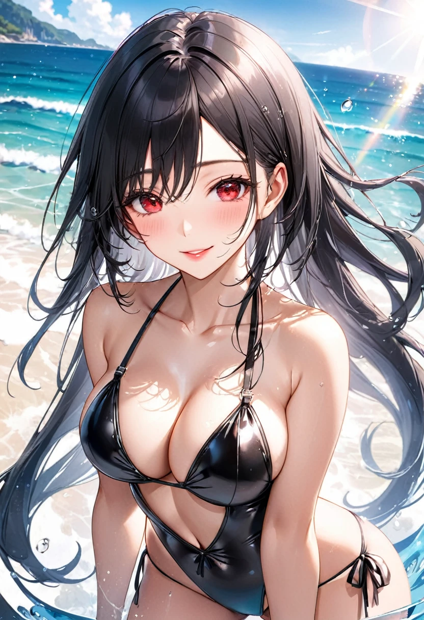 (pov sexy swimsuit style) (beautiful body), (solo:2, 18 yo, straight black hair very long hair cool sadist girl, sexy red eyes, glossy lip, love smile, big tits), (in a elegant black bikini swimsuit), break, in the sunshine Swimsuit contest venue, background beautiful ocean, Double Exposure beautiful rays, BREAK, perfect anatomy, masterpiece, best quality, 16k, beautiful detailed water, sexy, daydreaming expression.