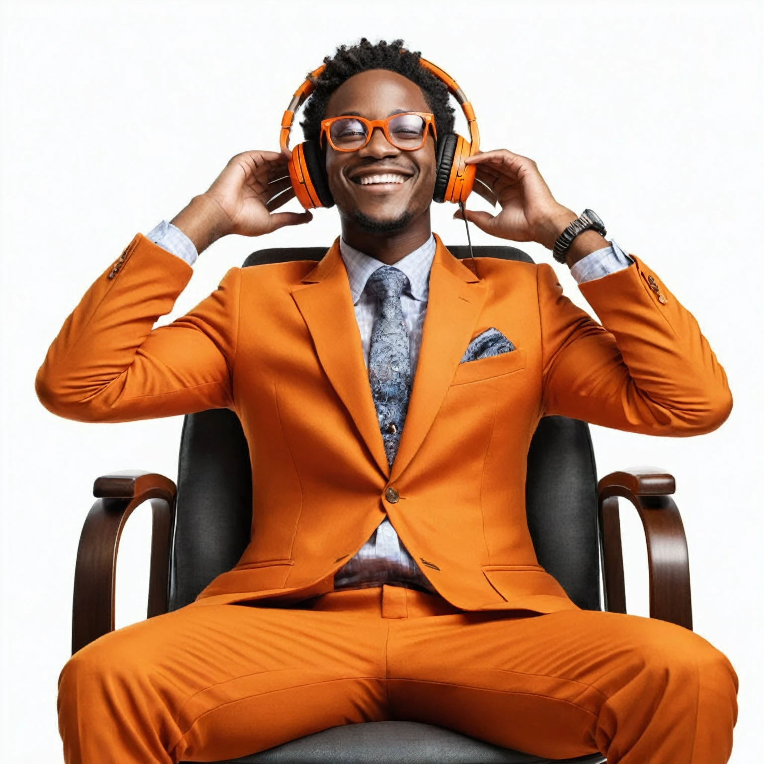 A detailed front view image of a young Black man smiling, wearing headphones, dressed in an orange suit, using monofocals glasses, sitting relaxed in a chair with his hands behind his head, looking upwards, high-resolution and photorealistic, against a 100% white background