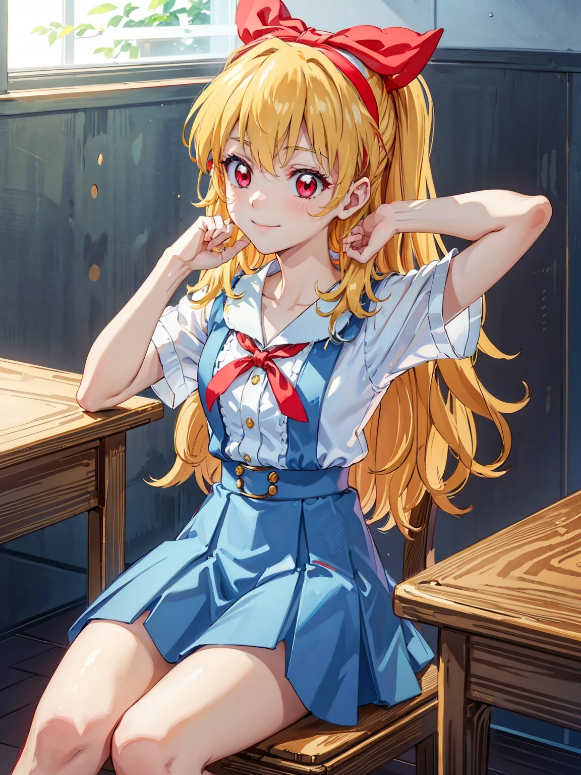 (red ribbon on hairband:1.2),（8K, best quality, muste piece:1.2)、ultra high resolution,1 very cute girl,hosimiya ichigo,ultra-detailed face, detailed eyes,RED eyes,,White sailor collar plain short sleeve shirt,light blue skirt,Light blue suspenders,uniform_red ribbon,Blonde Hair,long hair、detailed hand fingers,hand in own hair,smirk、sitting in a chair,desk in front of her,,classroom