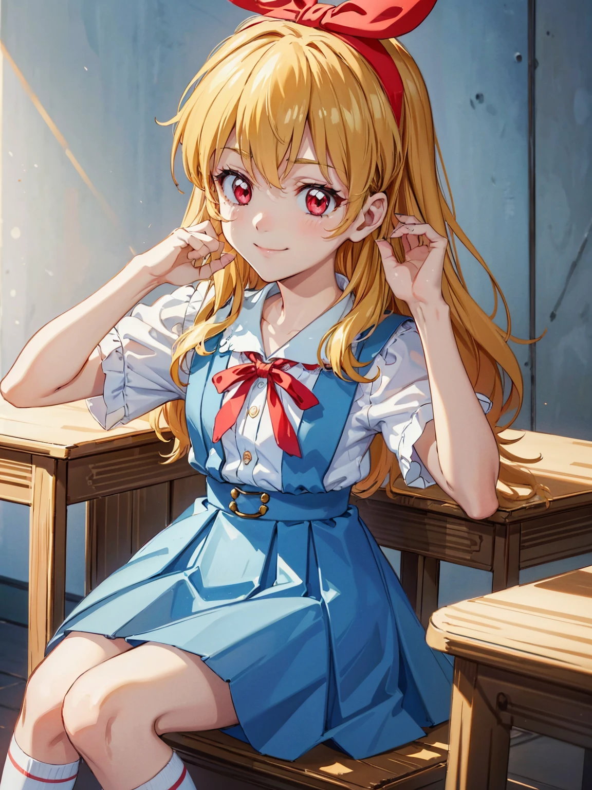 (red ribbon on hairband:1.2),(8K, best quality, muste piece:1.2)、ultra high resolution,1 very cute girl,hosimiya ichigo,ultra-detailed face, detailed eyes,RED eyes,,White sailor collar plain short sleeve shirt,light blue skirt,Light blue suspenders,uniform_red ribbon,Blonde Hair,long hair、detailed hand fingers,hand in own hair,smirk、sitting in a chair,desk in front of her,,classroom