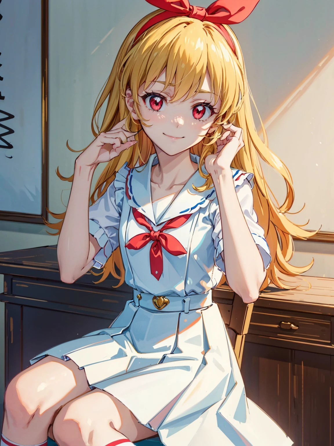 (red ribbon on hairband:1.2),（8K, best quality, muste piece:1.2)、ultra high resolution,1 very cute girl,hosimiya ichigo,ultra-detailed face, detailed eyes,RED eyes,,White sailor collar plain short sleeve shirt,light blue skirt,Light blue suspenders,uniform_red ribbon,Blonde Hair,long hair、detailed hand fingers,hand in own hair,smirk、sitting in a chair,desk in front of her,,classroom