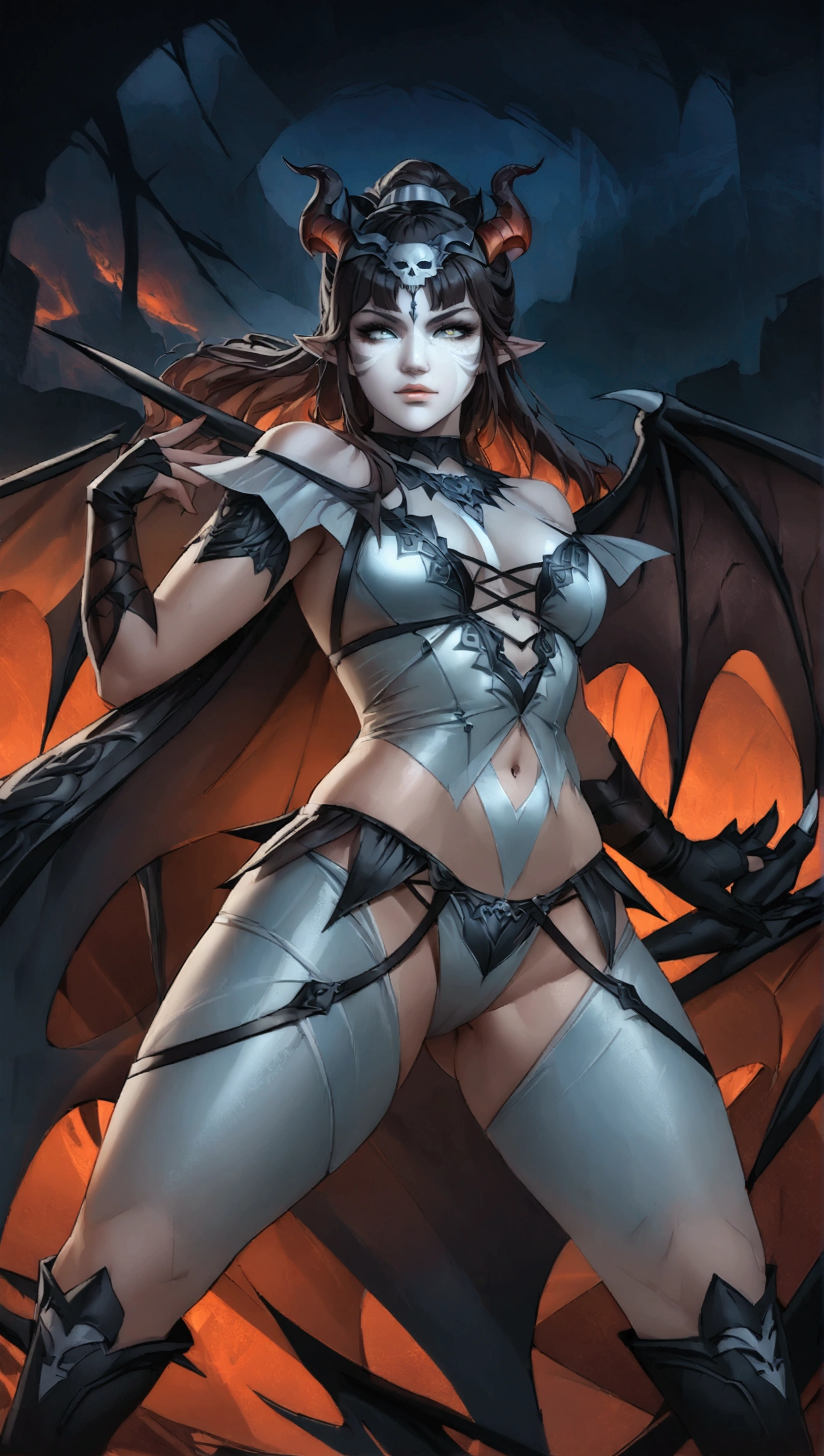 Photo realistic, panties focus, ultra-detailed, 1girl, mature, milf, 50 years old, full body portrait, ancient succubus, athletic, shoulder pauldrons, day of the dead facepaint, sexaually aggressive, white high ponytail hair, straddling over the camera with legs spread wide open, open legs, see through lowleg panties, firey, dragon scale demon wings, horns, fire and brimstone eruprions, scary detailed art in color, aroused expression, busty, curvy hips, sexy, alluring, posing with open legs, sheer hipster panties, highly detailed fantasy art, beautiful fantasy art portrait, intricate detailed digital art, highly detailed digital painting, digital art fantasy art, mark brooks detailed, detailed fantasy digital art, amazing detail digital art, close-up portrait demoness skull,