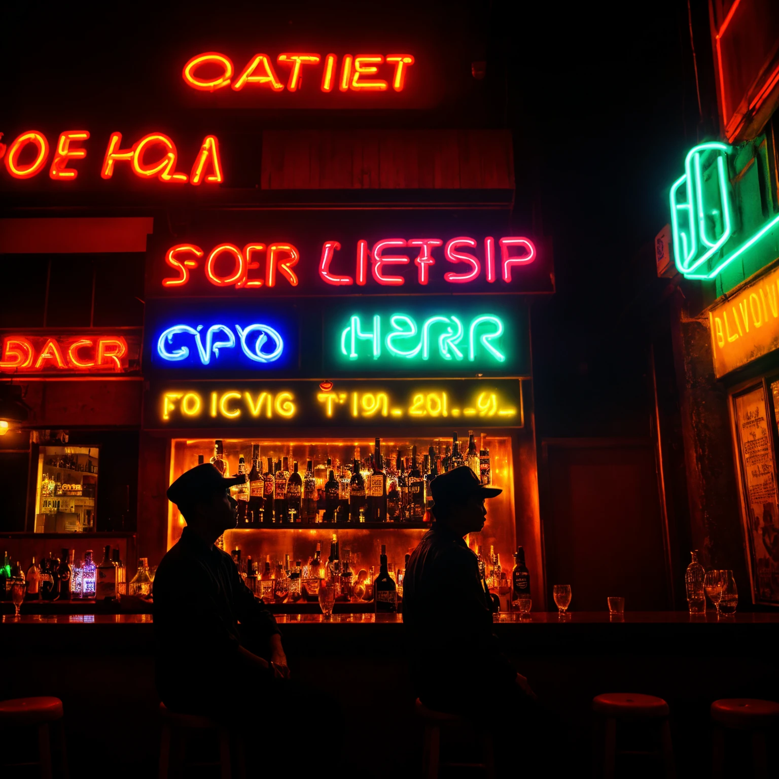 (masterpiece), (Ho Chi Minh City neon lights), (realistic illustration), (cinematic), (night), (in a bar), (traffic lights), (one man and woman silhouette sitting)
Waiting to start 
