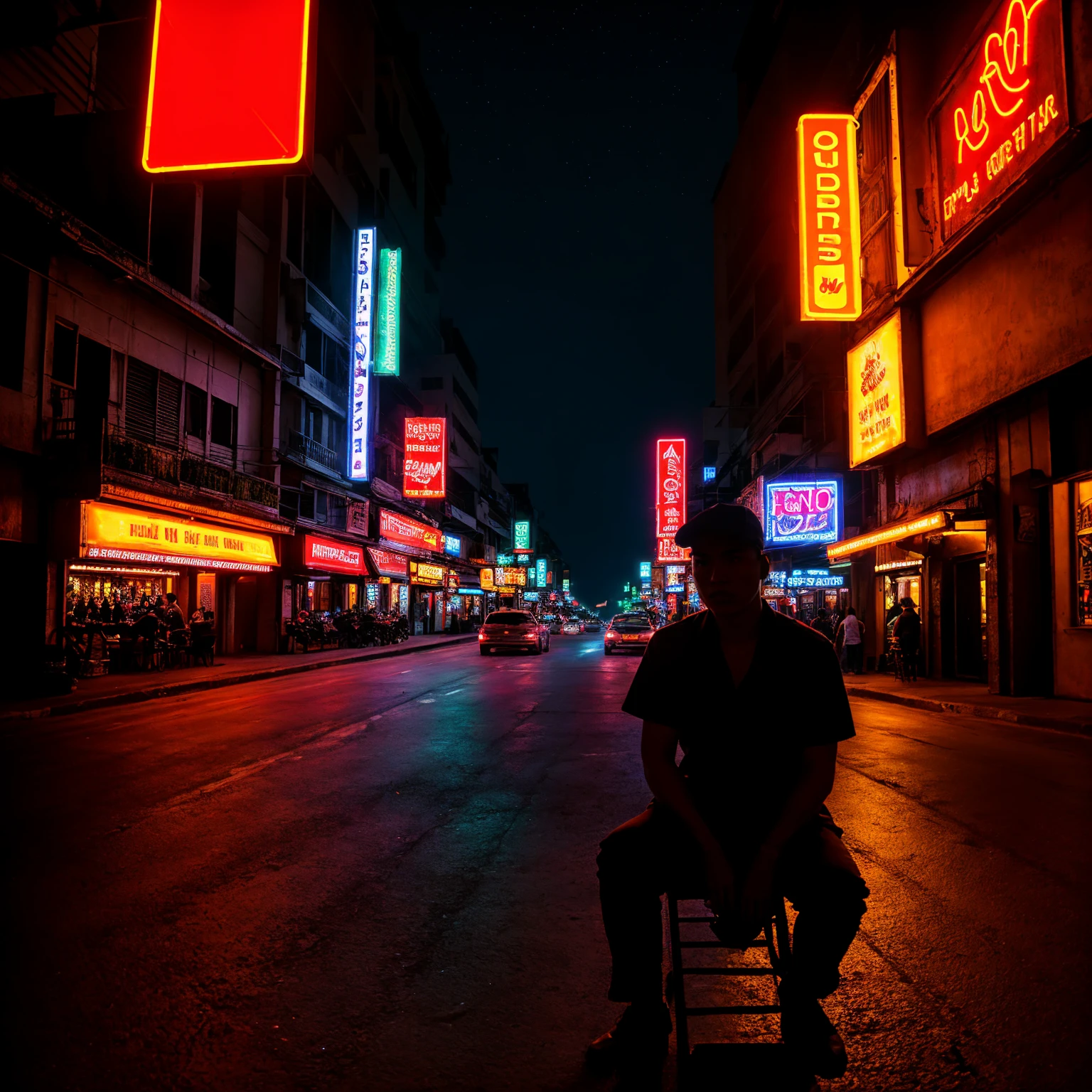 (masterpiece), (Ho Chi Minh City neon lights), (realistic illustration), (cinematic), (night), (in a bar), (traffic lights), (one man and woman silhouette sitting)
Waiting to start 
