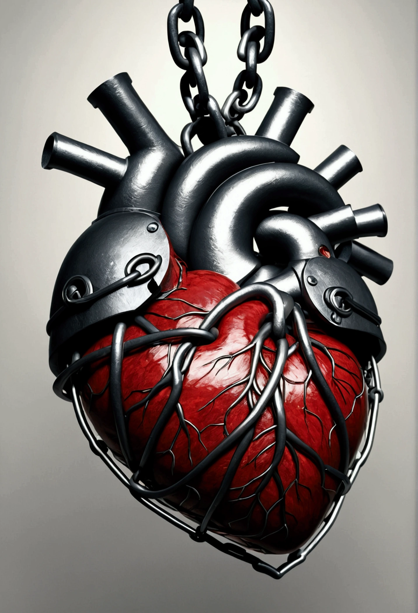 Please generate an image that depicts a human heart formed from a combination of iron and steel. The heart must be wrapped in chains that bind it firmly, representing strength and vulnerability at the same time. The image should convey a feeling of resistance. Please be creative in your depiction of this scene.