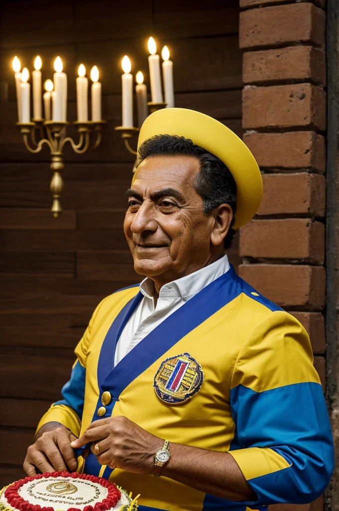 The Bicentennial of Independence: in this cartoon, an elderly Simón Bolívar with a tricolor band (yellow, azul and rojo) and una gran sonrisa está rodeado de niños colombianos de diversas etnias and regiones. Los niños están sosteniendo globos and carteles que dicen "Happy July 20!" and "Long live Colombia!" Bolívar is holding a large cake in the shape of a map of Colombia, with 200 lit candles (representing 200 years of independence). El fondo muestra una escena festiva con fuegos artificiales and banderas colombianas ondeando. La caricatura busca resaltar la continuidad de la historia and la importancia de transmitir el legado a las nuevas generaciones.
