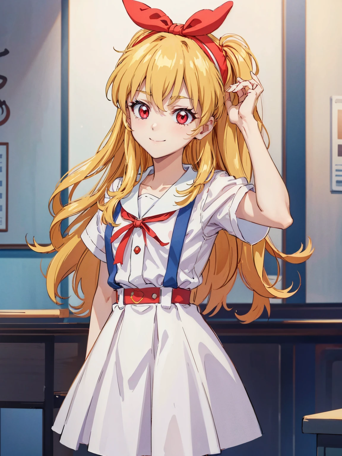 (red ribbon on hairband:1.2),（8K, best quality, muste piece:1.2)、ultra high resolution,1 very cute girl,hosimiya ichigo,ultra-detailed face, detailed eyes,RED eyes,,White sailor collar plain short sleeve shirt,light blue skirt,Light blue suspenders,uniform_red ribbon,Blonde Hair,long hair、detailed hand fingers,hand in own hair,smirk,,classroom