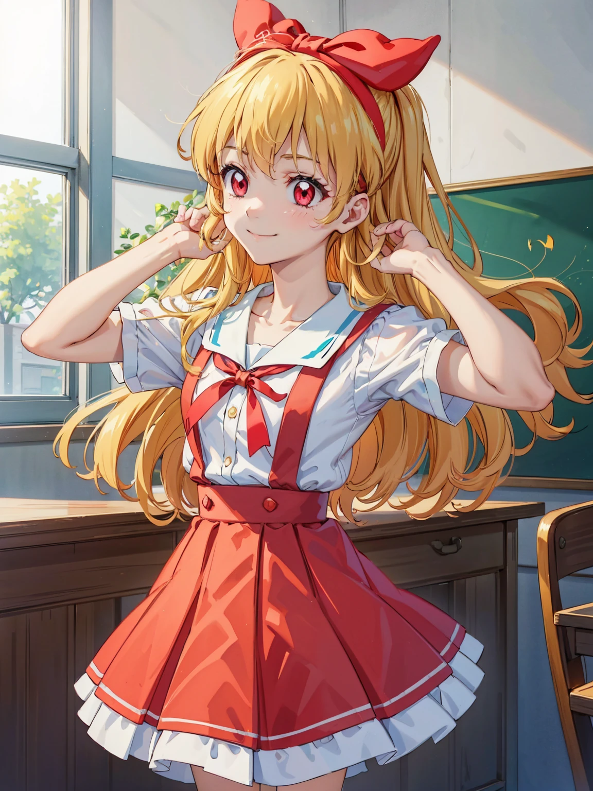 (red ribbon on hairband:1.2),（8K, best quality, muste piece:1.2)、ultra high resolution,1 very cute girl,hosimiya ichigo,ultra-detailed face, detailed eyes,RED eyes,,White sailor collar plain short sleeve shirt,light blue skirt,Light blue suspenders,uniform_red ribbon,Blonde Hair,long hair、detailed hand fingers,hand in own hair,smirk,,classroom