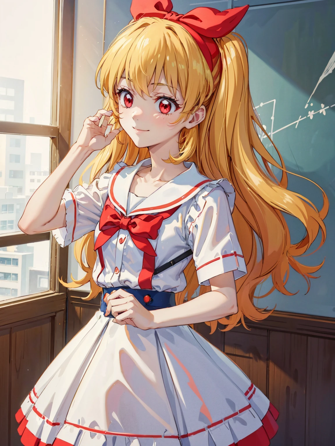 (red ribbon on hairband:1.2),（8K, best quality, muste piece:1.2)、ultra high resolution,1 very cute girl,hosimiya ichigo,ultra-detailed face, detailed eyes,RED eyes,,White sailor collar plain short sleeve shirt,light blue skirt,Light blue suspenders,uniform_red ribbon,Blonde Hair,long hair、detailed hand fingers,hand in own hair,smirk,,classroom