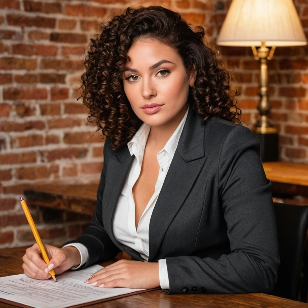 beautiful brazilian, (((round face shape with soft features, prominent cheekbones, delicate jaw, slightly rounded chin, medium forehead with natural, wavy hairline))), (((black hair color, ((小柄)) ((curlies)) with volume))), natural, full eyebrows. (((Professional and discreet pose, sitting at an old wooden table, one hand resting on papers and the other resting on a quill pen, contemplative and focused expression))). (((Wide medium shot, showing the character from the thigh up, rustic background with an exposed brick wall and a dark wooden table, with legal documents and an old table lamp))). highy detailed, age 25, (((large, expressive eyes in dark brown color and tone))). (((Long nose at base, gently curved bridge, rounded nostrils in harmony with the face))). plump, well-defined lips, with volume natural, dark pink tone. high resolution, work of art. Pele realista Fitzpatrick V, with a natural golden tan, some soft freckles on the cheeks and nose. curvy and athletic body, typical of Brazilian women. ((Wearing a pencil skirt and dark blazer set, combining with the rustic and professional environment)). Excellent quality, extremely detaild, sharp focus, ((shooting with Canon EOS R5, lente RF 50mm f/1.2L USM)), Proportionate Body, fotorrealism, fot (film grain) (((Studio lighting with soft, warm light, creating a classic and professional atmosphere))) Em primeiro plano