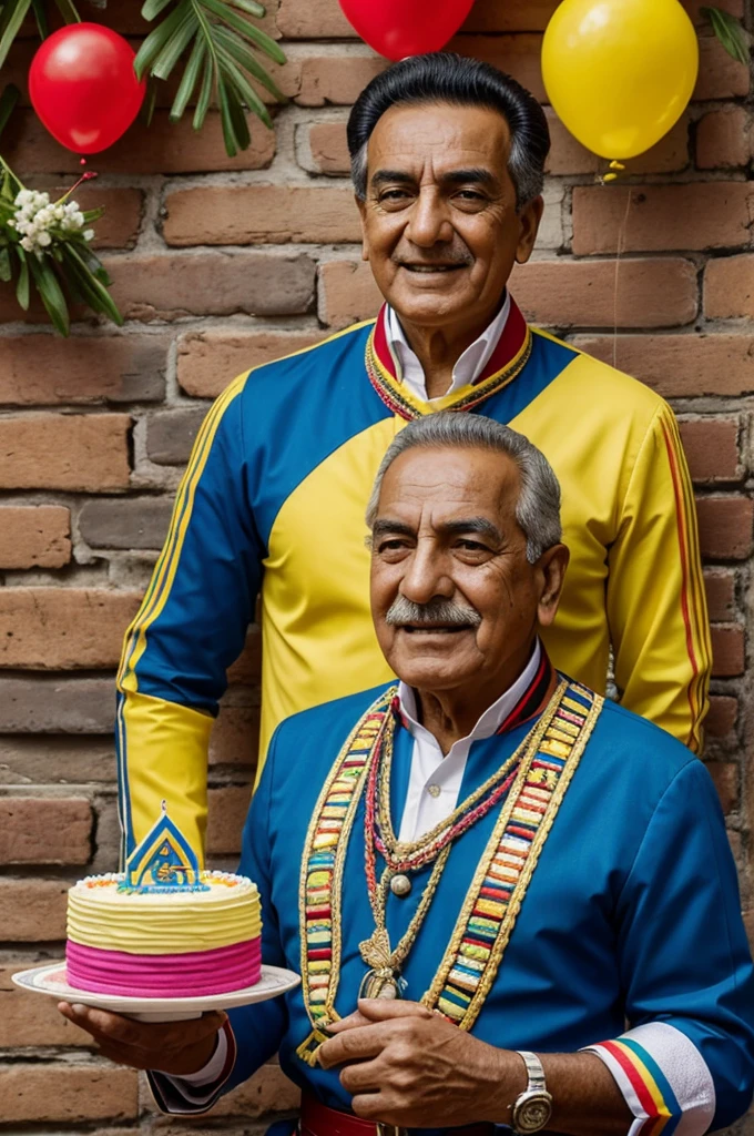 in this cartoon, an elderly Simón Bolívar with a tricolor band (yellow, azul and rojo) and una gran sonrisa está rodeado de niños colombianos de diversas etnias and regiones. Los niños están sosteniendo globos and carteles que dicen "Happy July 20!" and "Long live Colombia!" Bolívar is holding a large cake in the shape of a map of Colombia, with 200 lit candles (representing 200 years of independence). El fondo muestra una escena festiva con fuegos artificiales and banderas colombianas ondeando. La caricatura busca resaltar la continuidad de la historia and la importancia de transmitir el legado a las nuevas generaciones.