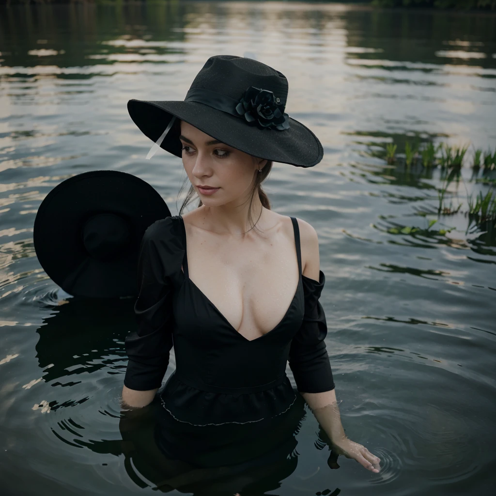 there is a woman in a black hat and black dress In the water, in the pond, In the lake, Elegant woman, in shoulder-deep water, in an old black dress and hat, elegant lady, in a black dress and hat, Emma Andievskaya, standing in the pond , In the water, on the lake, Eugeniusz Zak