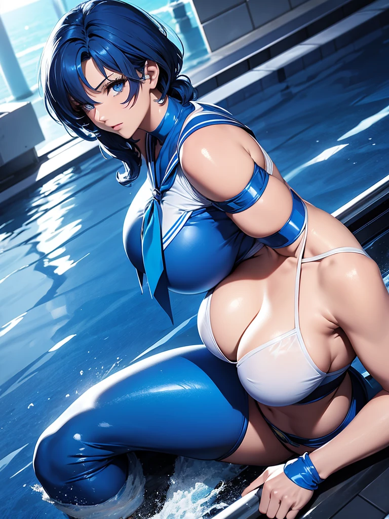 Sailor mercury in full police suit,long blue hair,Blue Power Ranger, hurricane ,Sexy goth woman big breast, character sheet,inside a pool,High Resolution, Large breasts,