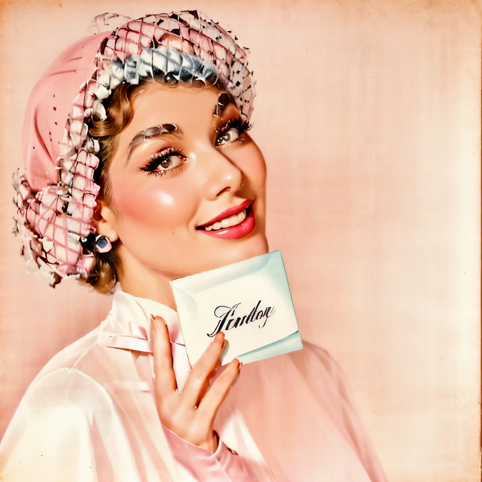 arafed woman in a pink hat and veil holding a white envelope, vintage makeup, 1950s illustration style, 1 9 5 0 s style, smile 1950s, vintage illustration, 5 0 s style, 50s style, 50s style infomercial, vintage magazine illustration, vintage postcard illustration, retro 5 0 s style