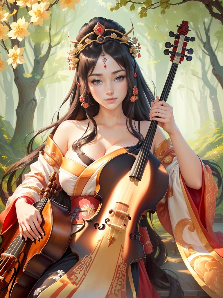 (a woman in a kimono outfit playing a cello), a beautiful fantasy empress, japanese goddess, ancient chinese goddess, ancient chinese princess, inspired by Lan Ying, ((a beautiful fantasy empress)), beautiful character painting, inspired by Du Qiong, inspired by Qiu Ying, inspired by Ju Lian, onmyoji portrait, she is holding a long staff, , Highly detailed CG unit 8k wallpaper, masterpiece, High resolution, highest quality, highest quality real texture skin, Super Real, Digital Painting, Best image quality, 最High resolution, 8k, (((Highly detailed eyes and face, Beautiful eyes every detail))), disproportionate breasts, huge breasts, sagging breasts, gigantic breasts, clevage, black hair, smile, 