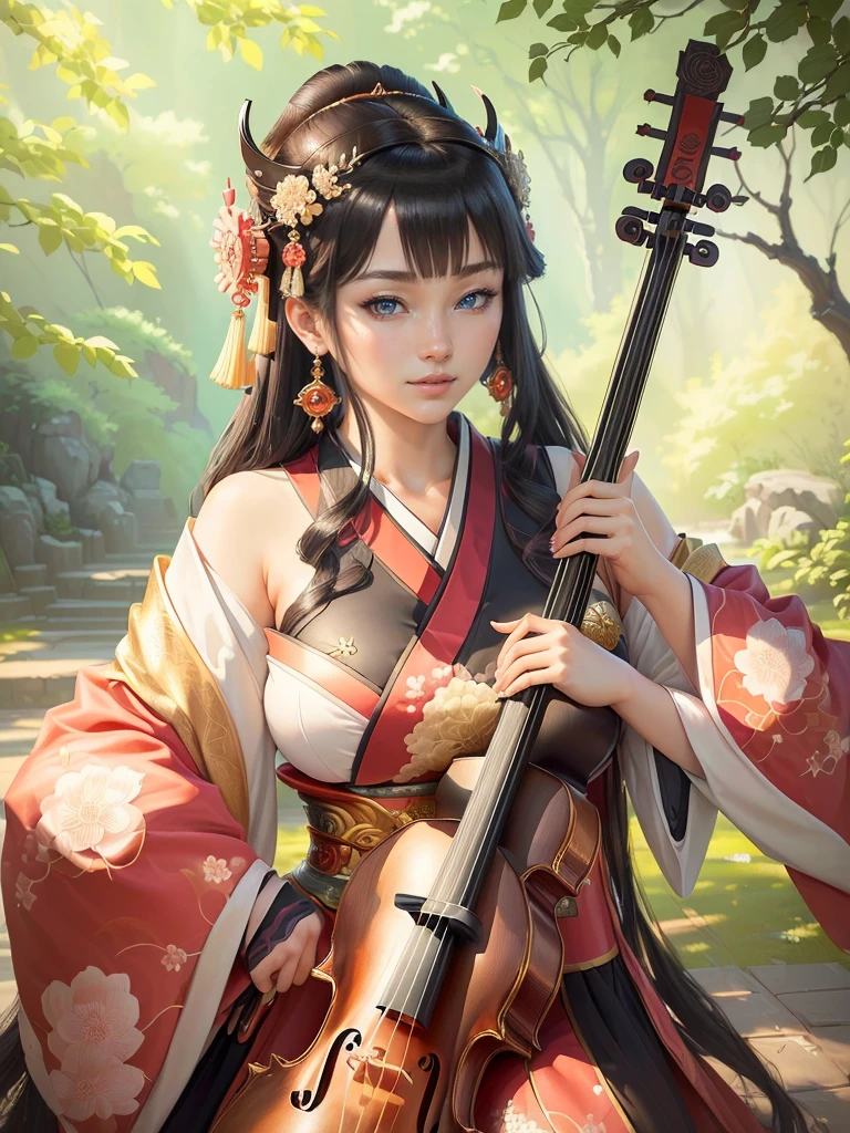 (a woman in a kimono outfit playing a cello), a beautiful fantasy empress, japanese goddess, ancient chinese goddess, ancient chinese princess, inspired by Lan Ying, ((a beautiful fantasy empress)), beautiful character painting, inspired by Du Qiong, inspired by Qiu Ying, inspired by Ju Lian, onmyoji portrait, she is holding a long staff, , Highly detailed CG unit 8k wallpaper, masterpiece, High resolution, highest quality, highest quality real texture skin, Super Real, Digital Painting, Best image quality, 最High resolution, 8k, (((Highly detailed eyes and face, Beautiful eyes every detail))), disproportionate breasts, huge breasts, sagging breasts, gigantic breasts, clevage, black hair, smile, 