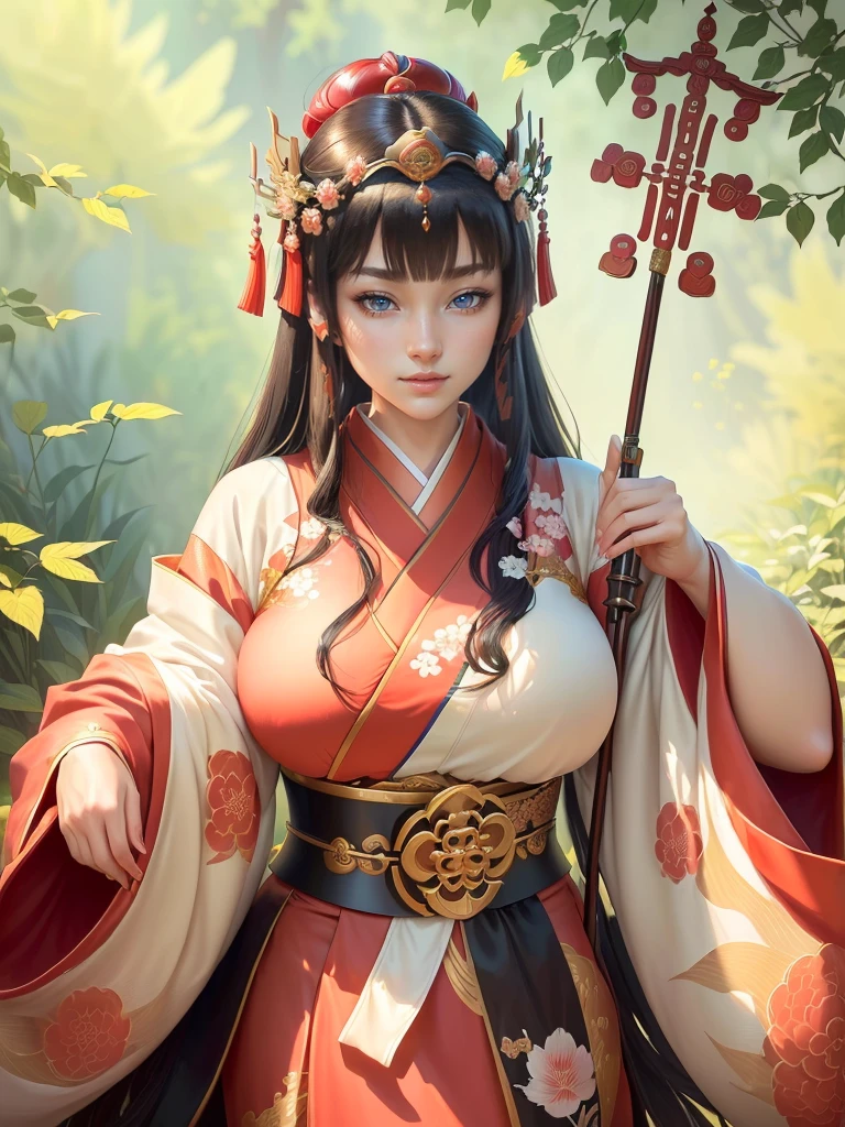 (a woman in a kimono outfit playing a cello), a beautiful fantasy empress, japanese goddess, ancient chinese goddess, ancient chinese princess, inspired by Lan Ying, ((a beautiful fantasy empress)), beautiful character painting, inspired by Du Qiong, inspired by Qiu Ying, inspired by Ju Lian, onmyoji portrait, she is holding a long staff, , Highly detailed CG unit 8k wallpaper, masterpiece, High resolution, highest quality, highest quality real texture skin, Super Real, Digital Painting, Best image quality, 最High resolution, 8k, (((Highly detailed eyes and face, Beautiful eyes every detail))), disproportionate breasts, huge breasts, sagging breasts, gigantic breasts, clevage, black hair, smile,