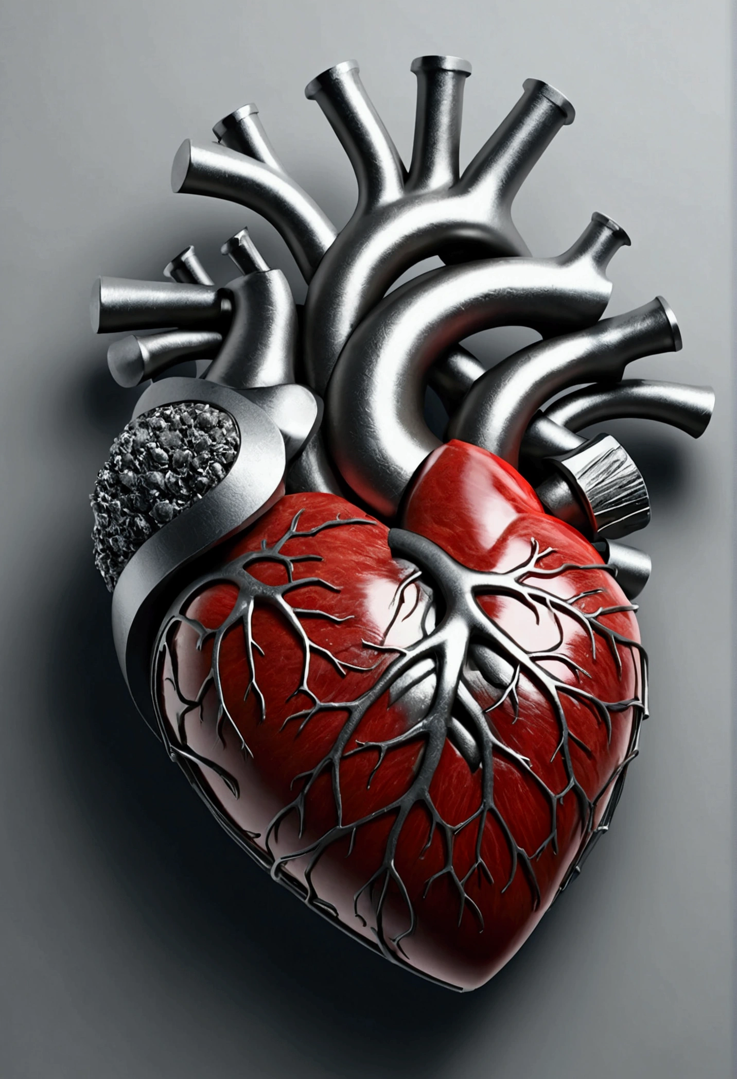 Please generate an image that depicts a human heart formed from a combination of iron and steel. The heart should represent strength and coldness. The image should convey a feeling of resistance. Please be creative in your depiction of this scene.