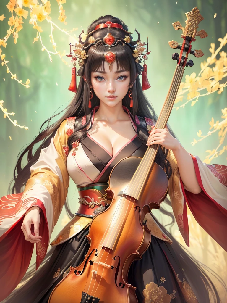 (a woman in a kimono outfit playing a cello), a beautiful fantasy empress, japanese goddess, ancient chinese goddess, ancient chinese princess, inspired by Lan Ying, ((a beautiful fantasy empress)), beautiful character painting, inspired by Du Qiong, inspired by Qiu Ying, inspired by Ju Lian, onmyoji portrait, she is holding a long staff, , Highly detailed CG unit 8k wallpaper, masterpiece, High resolution, highest quality, highest quality real texture skin, Super Real, Digital Painting, Best image quality, 最High resolution, 8k, (((Highly detailed eyes and face, Beautiful eyes every detail))), disproportionate breasts, huge breasts, sagging breasts, gigantic breasts, clevage, black hair, smile,