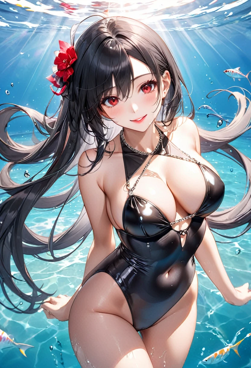 (pov y swimsuit style) (beautiful body), (solo:2, 18 yo, straight black hair very long hair cool sadrl, sexy red s, glossy lip, love smile, big tits), (gant Silver Chain black bikini swimsuit), break, in the sunshine Swimsuit contest venue, background beautiful ocean, Double Exposure beautiful rays, BREAK, perfect anatomy, masterpiece, best quality, 16k, beautiful detailed water, sexy, daydreaming exssion.