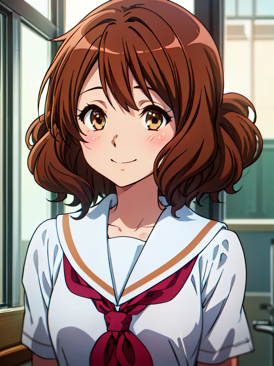 kumiko oumae, kumiko oumae, (Brown eyes:1.5), Brown Hair, short hair, Wavy Hair, Hot Face, blush, Sailor suit, , high school girl, Red ribbon, Downward, smile, very cute and beautiful girl,Teen,(Very detailedな美しい顔),
(Highest quality,masterpiece),Absurd,High resolution,Very detailedな,Very detailed,32K,8k resolution,  (Perfect hands, Perfect Anatomy), I'm smiling at you、