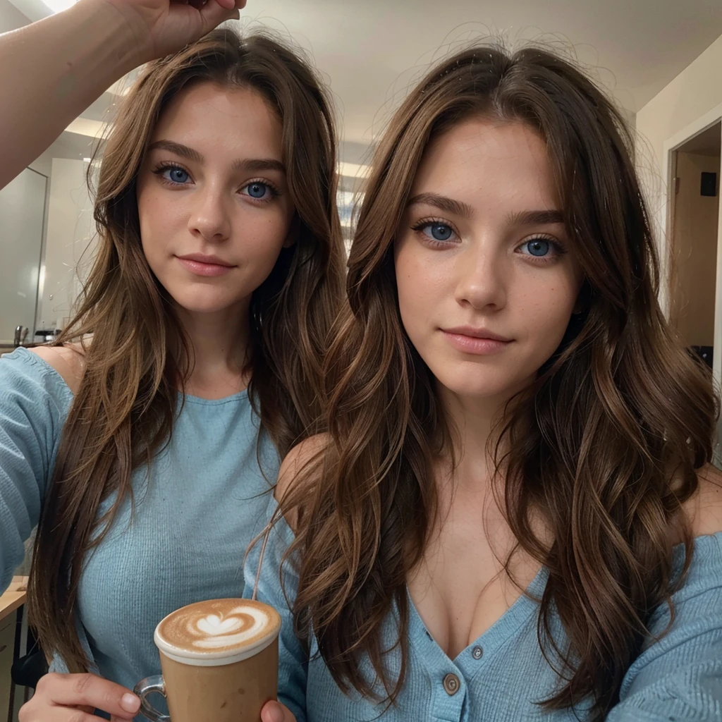 Selfie shot Belle brune aux reflets blonds prend une photo de selfie, haut du corps, in the coffee ,cool, real life nature, very detailed, 22 ans, Visage innocent, natural wavy hair, blue eye, high resolution, head of'artwork, best quality, complex and high level of detail, very detailed, sharpness, detailed skin, realistic skin texture, texture, detailed eyes, Professionnel, 4K, charming smile, prise avec Canon, 85mm, Slight depth of field, Kodak Vision Color, corps parfaitement ajusté , extremely detailed, Photo_\(ultra\), fotorealistic, realistic, post-traitement, maximum details, roughness, real life, shot with Kodak Gold 400, caractéristiques realistics et détaillées