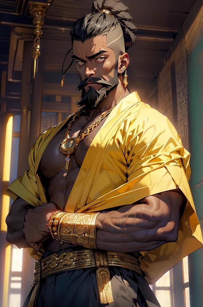 (man:1.5),1 man,male, muscle, 1boy, muscle, pectoral,  muscular, Mature man,45 year,1 man,macho man,perfect body,an extremely delicate and beautiful detailed face,((crop haircut,:1.5,undercut:1.5,black hair)),(((black very short beard, black very short beard,nice beard style,barbershop style beard))), (((gold_eyes:1.3))),intricate eyes,beautiful detailed eyes,symmetrical eyes,perfect face, nice hair style,perfect proportions, thicc, ((detailed face)),macho man,

(male african prince),prince,

powerful,heroic,nsfw,

(((dark skin:1.5))),black skin:1.35,dark skin:1.3,ebony skin,

smile,expressive eyes,   

((african,black race,african traits,african race)),elegant,

(open toga, arab fashion,arab toga, jeans,white shirt,  masculine features, modern style,arab clothes),(((dark yellow toga, dark yellow toga outfit, wearing a dark yellow toga:1.3,arab dark yellow toga))),(arab jewelry,intricate necklace),((bulge in pants)),(((intricate outfit,intricate clothes,ornate outfit))),

(dynamic pose:1.0),embarrassed,(centered,scale to fit dimensions,Rule of thirds),

inside,indoor,((room in a japanese temple:1.3,columns of a japanese temple:1.3)),scenery:1.25,((intricate scenery)),((winter decorations)),

(Glossy winter ornaments),highres,sharp focus,(ultra detailed,extremely detailed),(photorealistic artwork:1.37),(extremely detailed CG unity 8k wallpaper),(((vibrant colors,vibrant theme))),(intricate),(masterpiece),(best quality),
