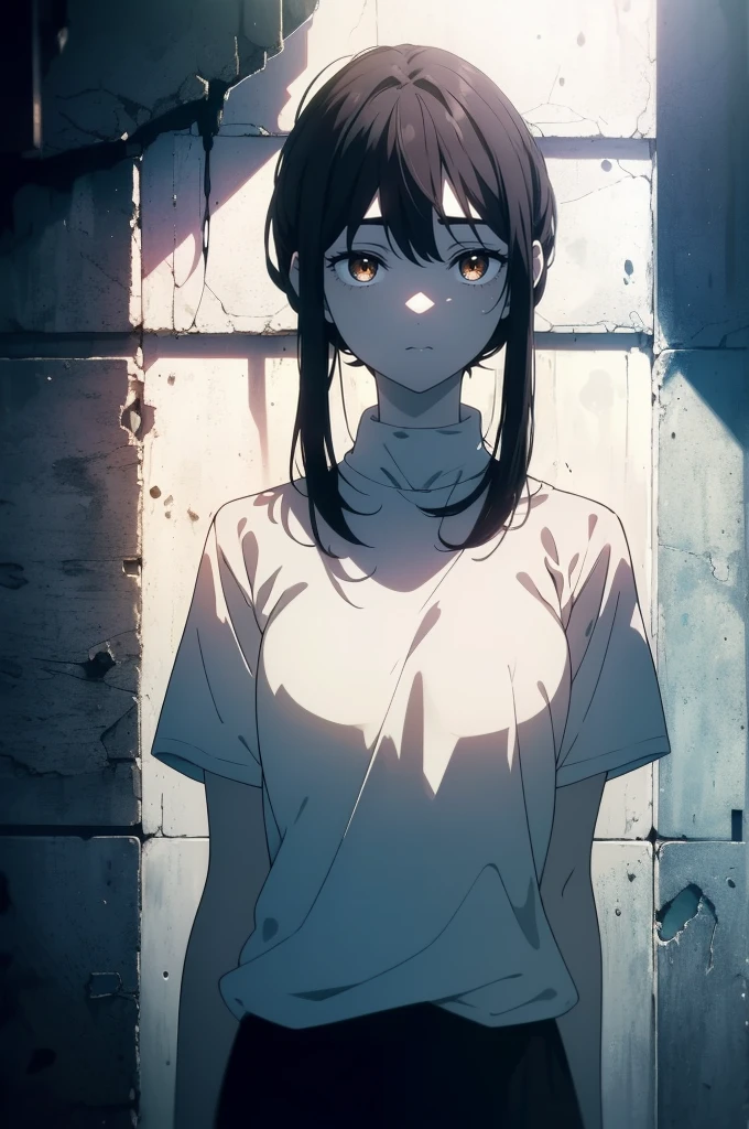 ((((Obra maestra, La mejor calidad, ultrahigh resolution)))), 1girl, standing, (baggy white t-shirt, loose fitting blue shorts), ((long black hair, black hair over eye)), long hair cut, pale skin, ((brown eyes)), glowing_eyes, neon eyes, (ultra detailed eyes:0.7, beautiful and detailed face, detailed eyes:0.9), ((centered)), smile, ((wide shot)), facing viewer, ((vibrant background, bright lighting, summer, sunlight)), flat chested, looking at viewer, ((half closed eyes)), ((perfect hands)), (((head:1, arms, hips in view, elbows, arms, in view))), ((hands behind back)), empty eyes, beautiful lighting, ((outside, outdoors)), defined subject, head tilt, (((gritty)), ((creepy)), ((cool)), ((beautiful))