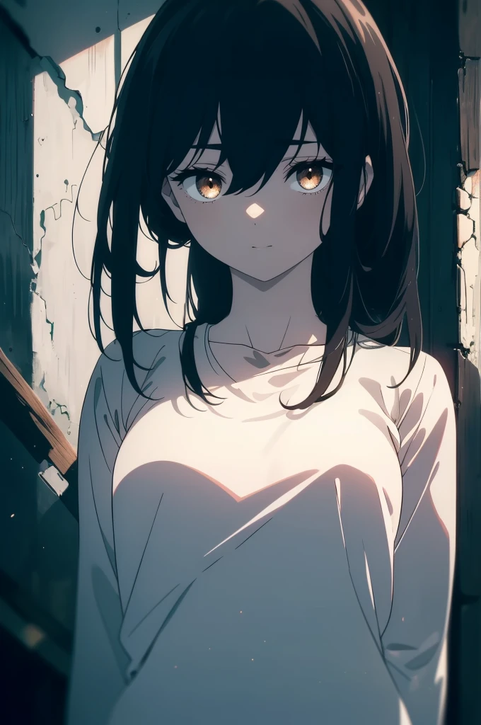 ((((Obra maestra, La mejor calidad, ultrahigh resolution)))), 1girl, standing, (baggy white t-shirt, loose fitting blue shorts), ((long black hair, black hair over eye)), long hair cut, pale skin, ((brown eyes)), glowing_eyes, neon eyes, (ultra detailed eyes:0.7, beautiful and detailed face, detailed eyes:0.9), ((centered)), smile, ((wide shot)), facing viewer, ((vibrant background, bright lighting, summer, sunlight)), flat chested, looking at viewer, ((half closed eyes)), ((perfect hands)), (((head:1, arms, hips in view, elbows, arms, in view))), ((hands behind back)), empty eyes, beautiful lighting, ((outside, outdoors)), defined subject, head tilt, (((gritty)), ((creepy)), ((cool)), ((beautiful))