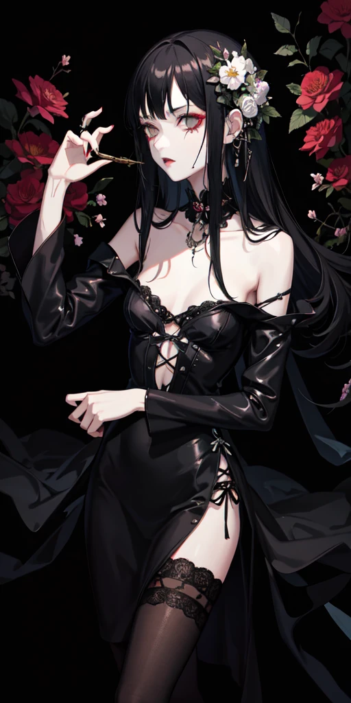 a black hair girl, infected with flowers, very skinny, gothic