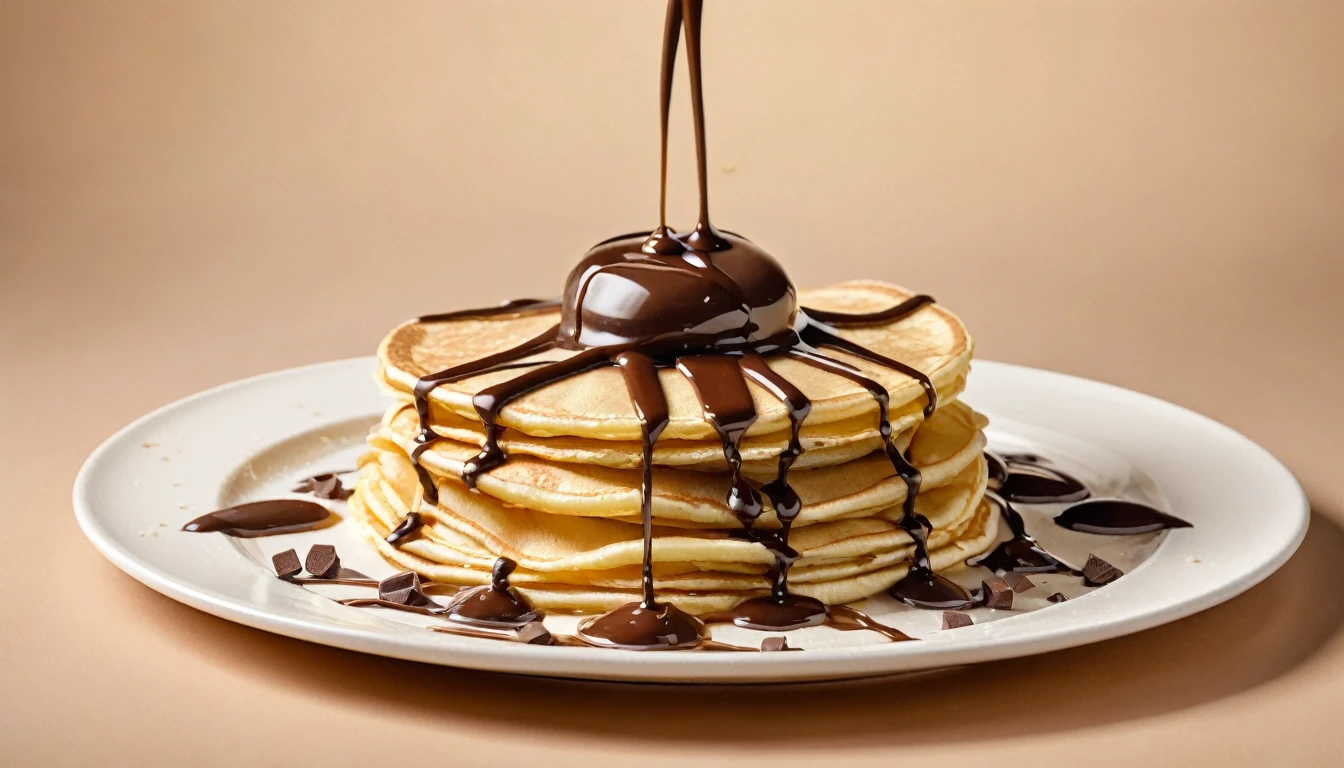 a picture of crepes on a plate, chocolate and cream splashing in the elegant cream color background like in a commercial, everything in focus
