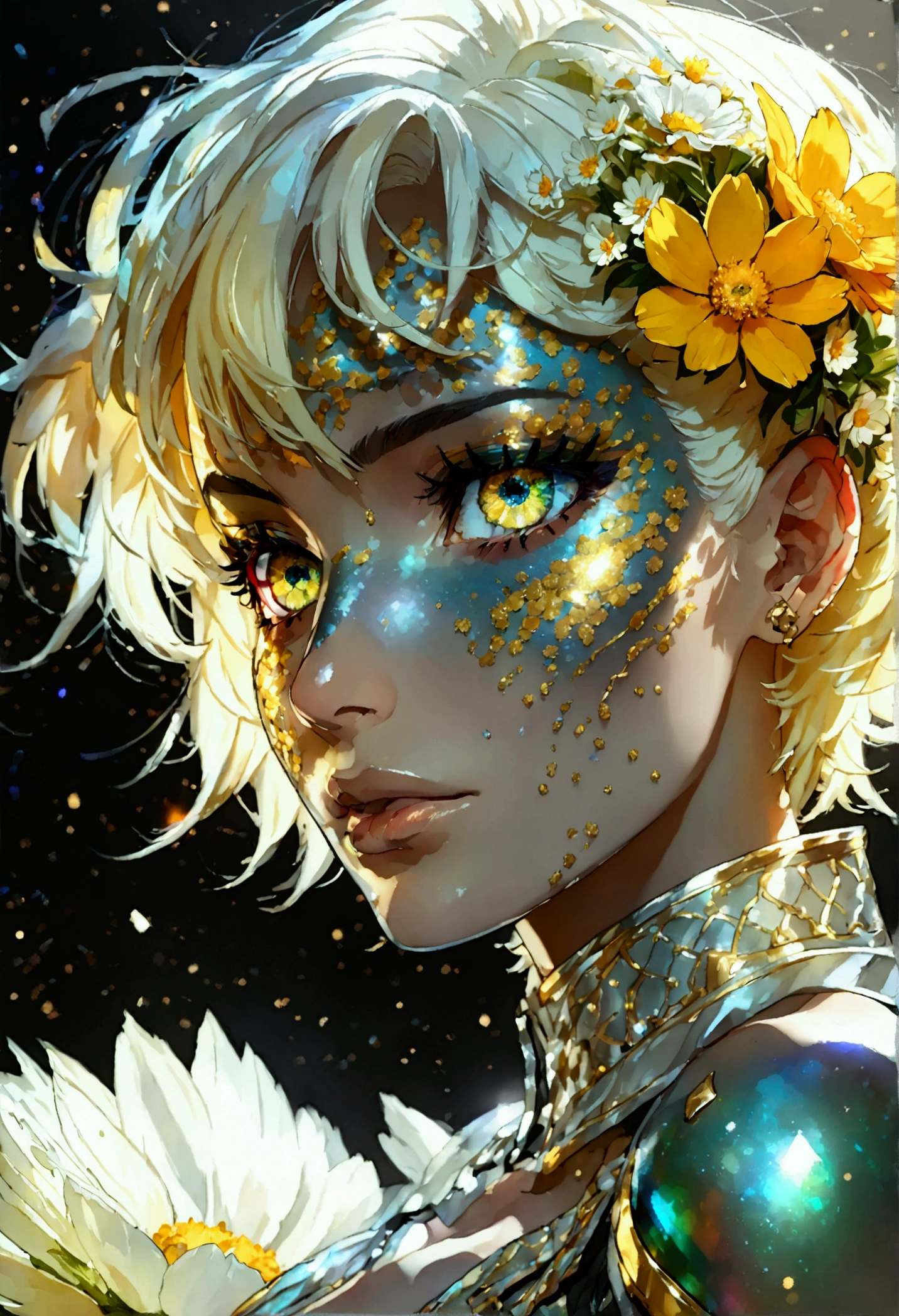 PORTRAIT, only face portrait, macro, a LATINO battle angel portrait, beautiful white skin with sparkles and glitter, short golden hair with green and yellow flowers on hair, shiny and lightening eyes, cosmos eyes, next to a swan, highly detailed fur (vectorized) , detailed skin, image is compelling with dynamic composition and energetic posing. Include many fantasy details such as bumps, phantasmal iridescence, glitter, galaxy, cosmos, ((dark celestialskin body, void cosmic body)), (((dark background))), (((lights off))), (((hollywood dark))), horror, dramatic shadows, (in a dark fantasy space:1.3, glitter, sparkle, gleam) vector digital illustration, (black background:1.5)sharp